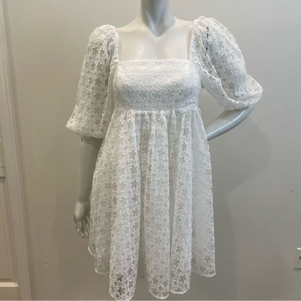 STORIA Lace Puff Sleeve Empire Waist Mini Dress White Bridal Bachelorette